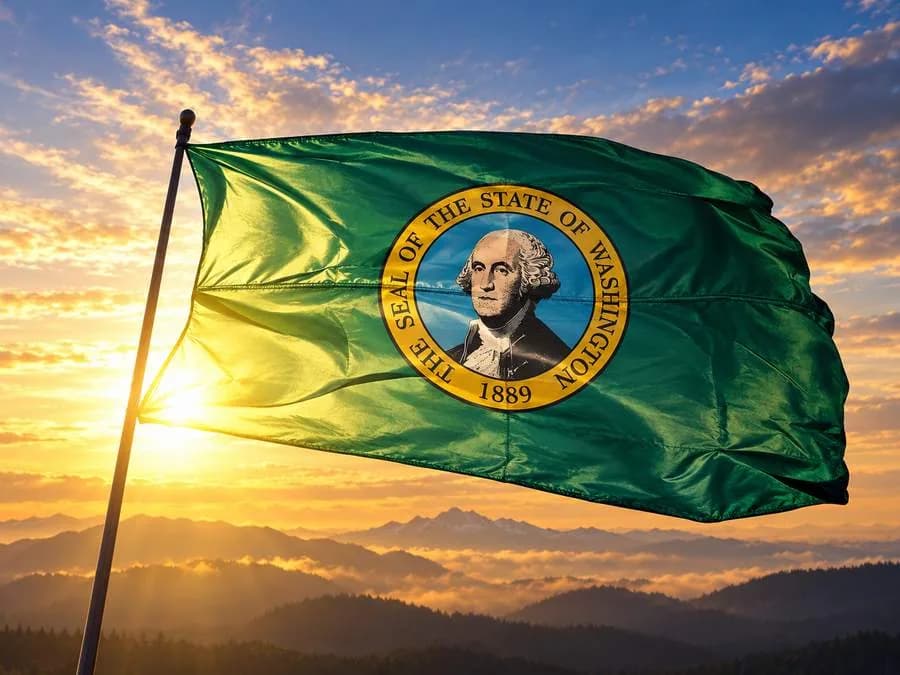 The Washington State flag flying at sunrise over forested hills